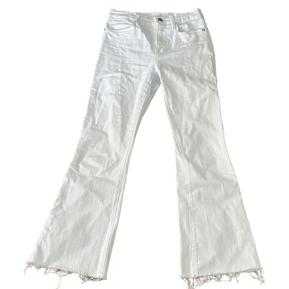 FRAME Denim Le High Flare Jeans Blanc •25• White Stretch Cropped Raw Hem - Picture 1 of 7